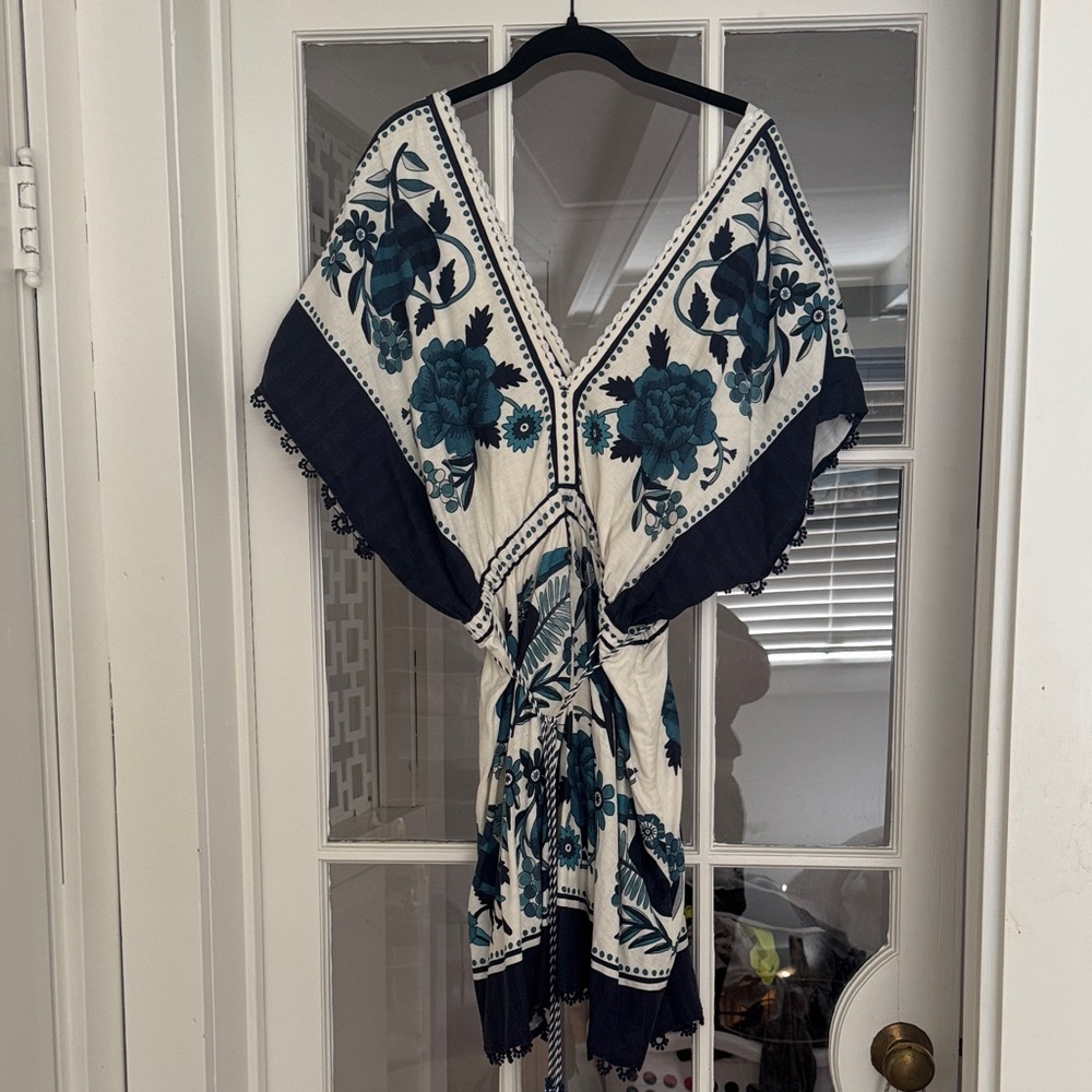 FARM Rio Floral Embroidered Dress in Blue and White